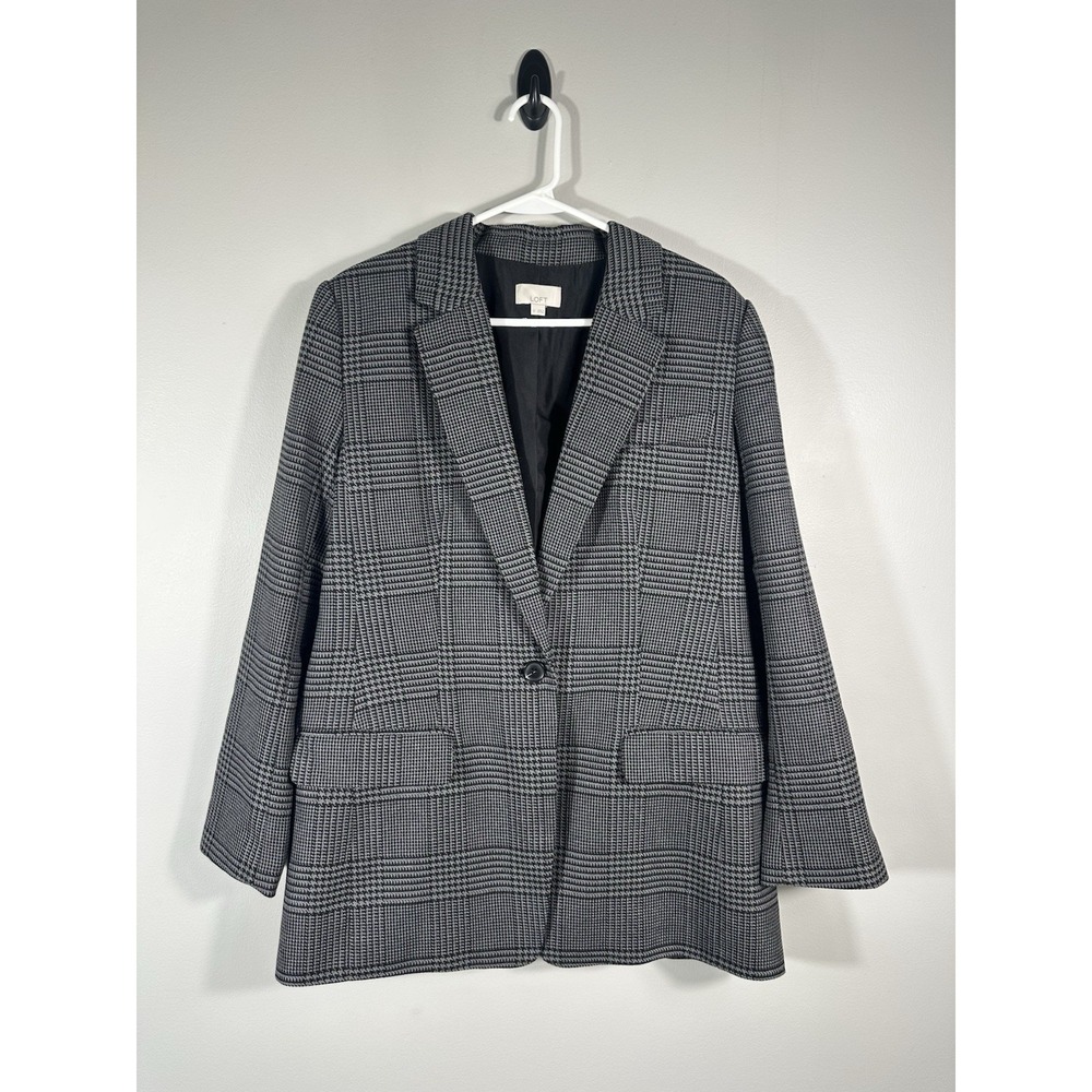 Loft Blazer Womens 12 Black Gray Plaid Single Button Career